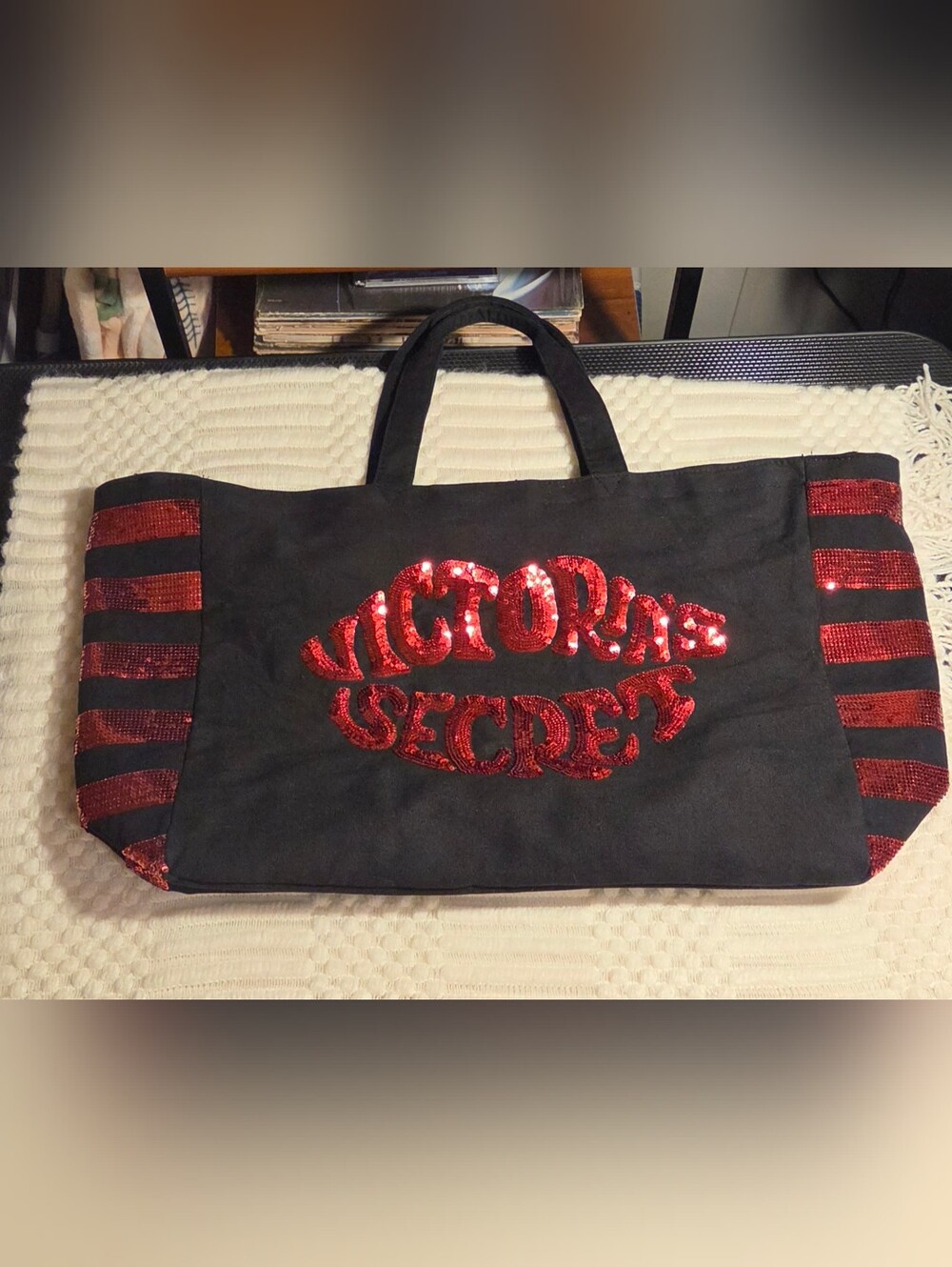 Victoria's Secret Black Tote Bag with Red Sequin Logo